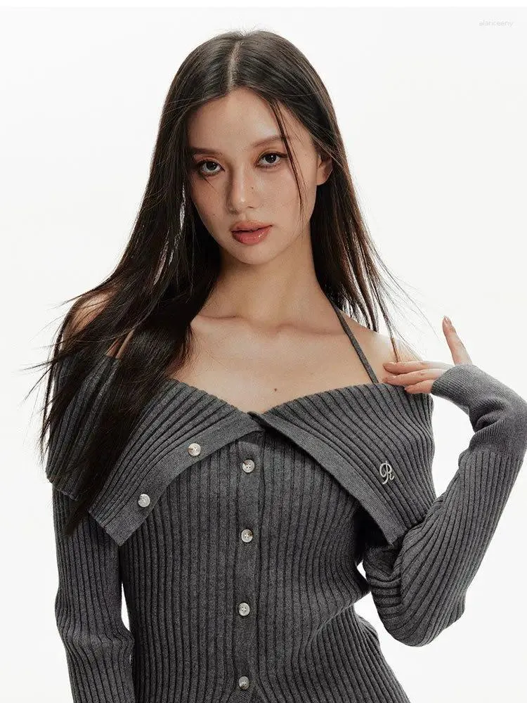 Women's Knits Autumn Slash Neck Off Shoulder Women Cardigans Y2k Aesthetic Slim Vintage Grunge Sweaters Trendy Bandage Halter Knitwear