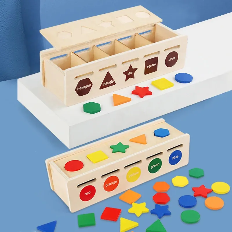 Träformfärg sortering leksak lagringslåda 25 icke-toxiska geometriska block montessori leksak förskola pedagogisk lärande leksak gåvor 240124