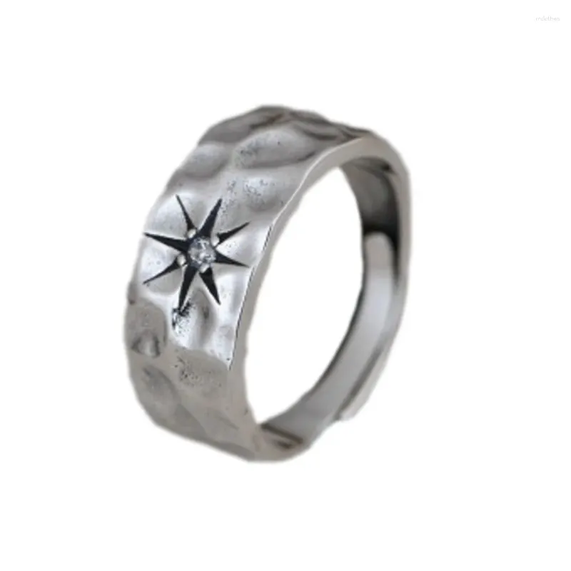 Pierścienie klastra Bokai S925 Pure Silver Jewelry Retro Mashion Stars Simple Hammered Otwarty mężczyzna i kobiety
