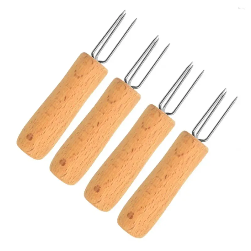 Tenedores de madera de haya, juego de 4 patatas de acero inoxidable con mango, pinchos de maíz reutilizables, herramientas de pelado ergonómicas