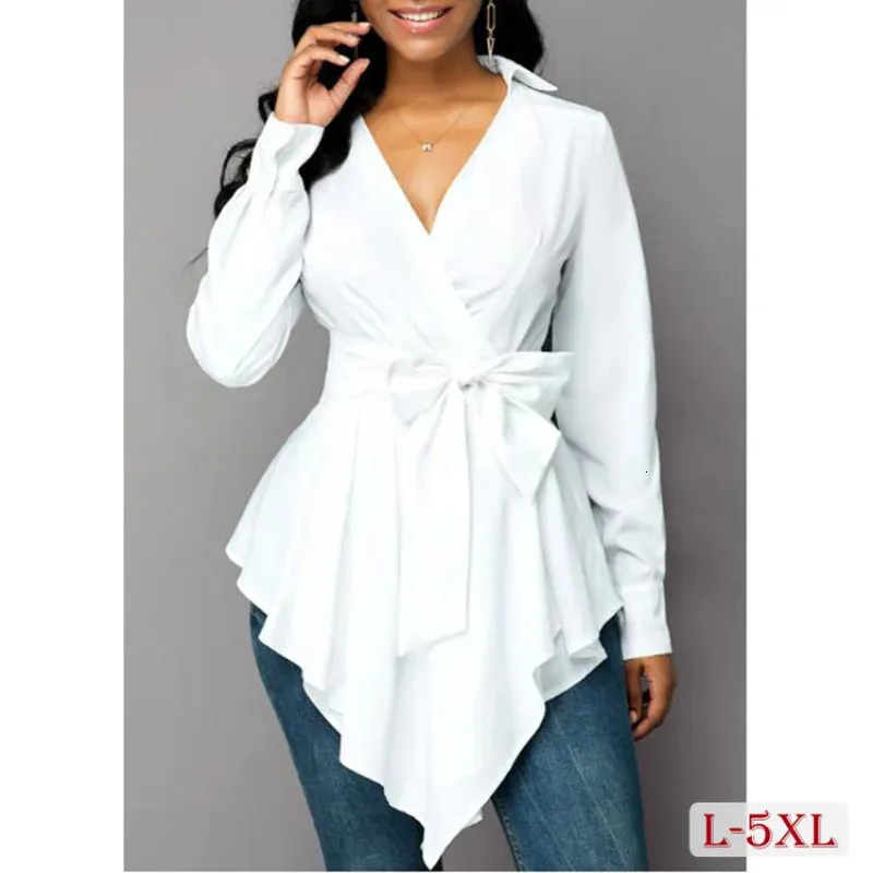 أزياء زائد الحجم بلوزة المكتب العادي سيدة قميص بلوزة غير منتظمة مع حزام القوس زنبرك شيفون الأكمام الطويلة قمم أنثى 240126