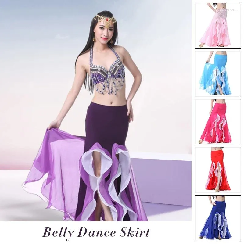 Stage Wear Women Sexy Belly Dance Skirt Double Split Chiffon Oriental Practice Performance Carnival Costume