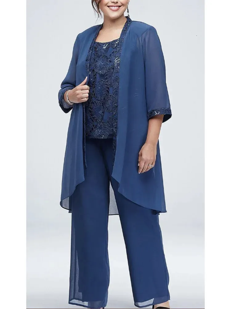 Ensembles assortis grande taille bleu 3 pièces ensemble de tenue pour mariage mère de la robe de mariée manches 3/4 en mousseline de soie dentelle femmes pantalon 240125