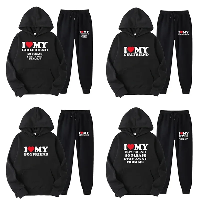 Paar Sets I Love My Boyfriend Gedrukt Hoodies en Joggingbroeken 2 Stuks Pakken Dames Mannen Trainingspak Casual Joggers Minnaar outfits 240129