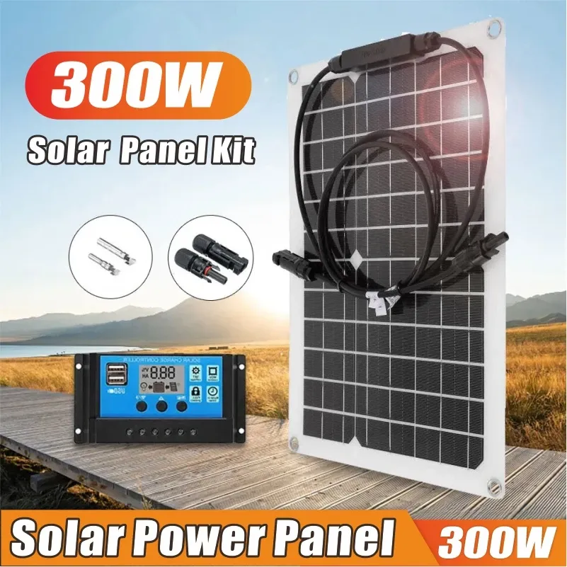 300W Flexible Solar Panel 5V 12V Battery Charger Dual USB with 10-100A ...