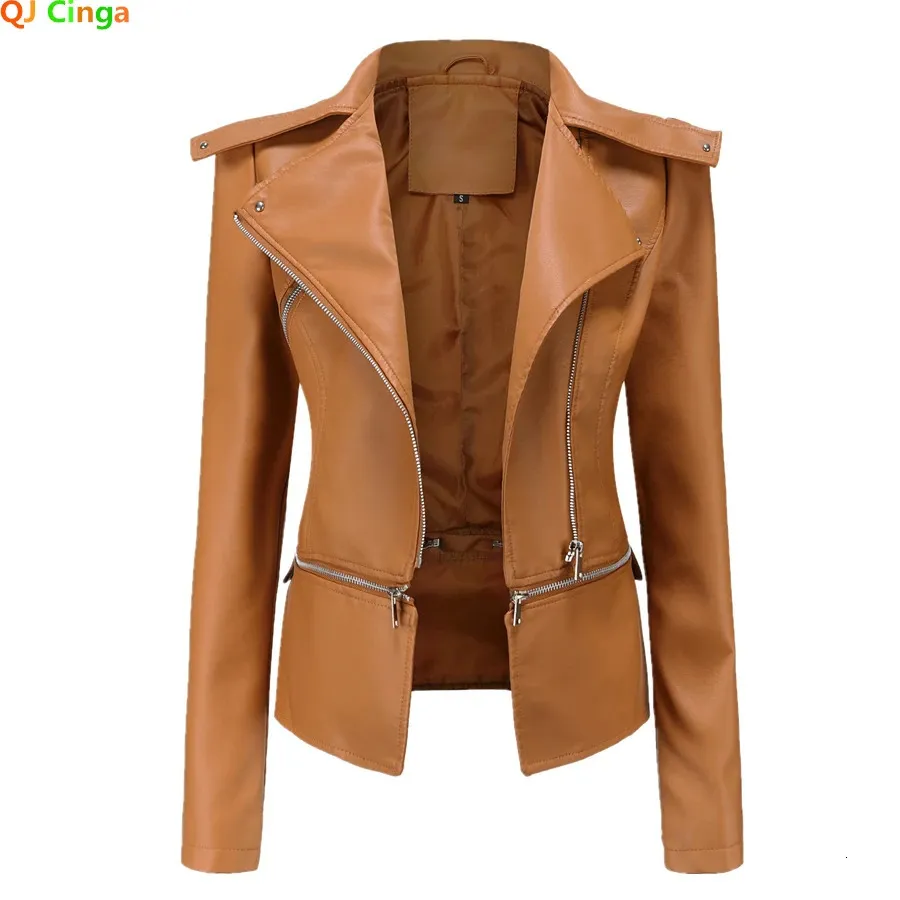 QJ Cinga Yellow Lapel Leather Coat Womens Fashion Casual Pu Jacket Hemは取り外し可能な女性フェイクレザージャケットS-XXXL 240126