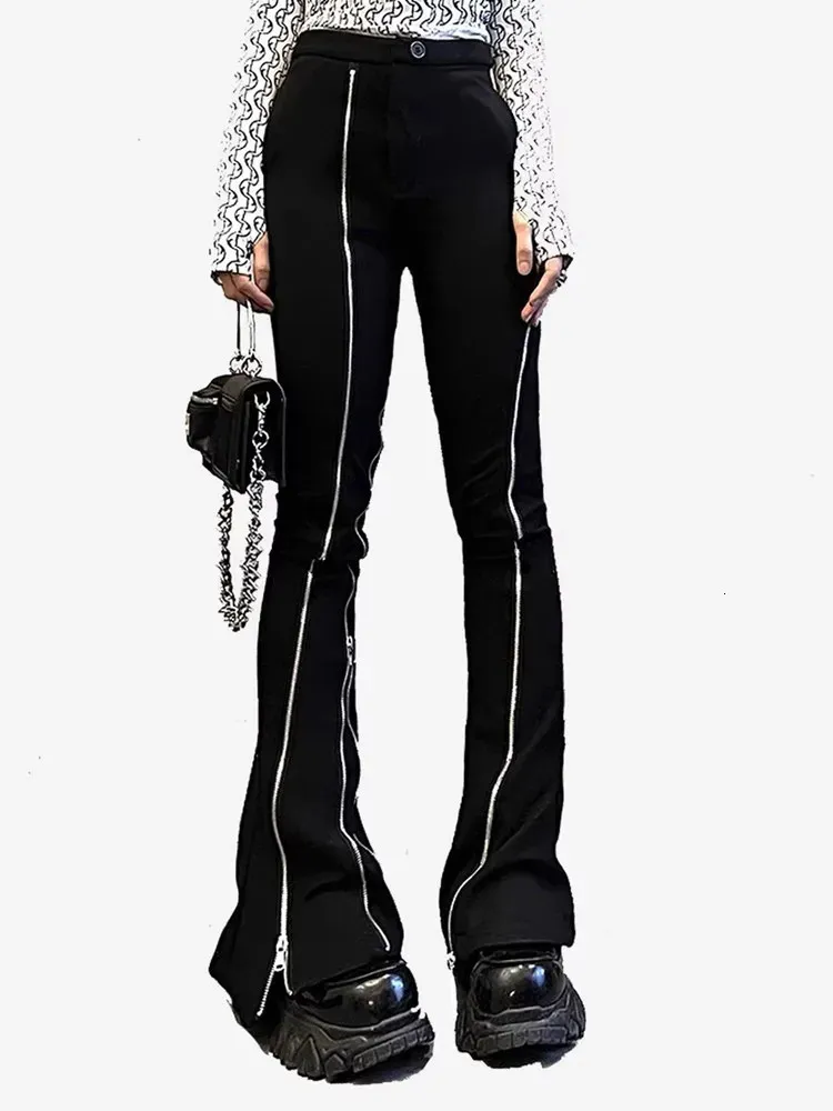 2023 Harajuku Fashion Zipper Y2K Tops Black Slim Flare Jeans Pants For Women Clothes Dark Streetwear Lady Casual Long Trousers 240118