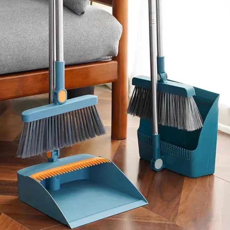 Upright Dust Pan And Broom Set - 180?? Rotatable With Self-Cleaning Teeth