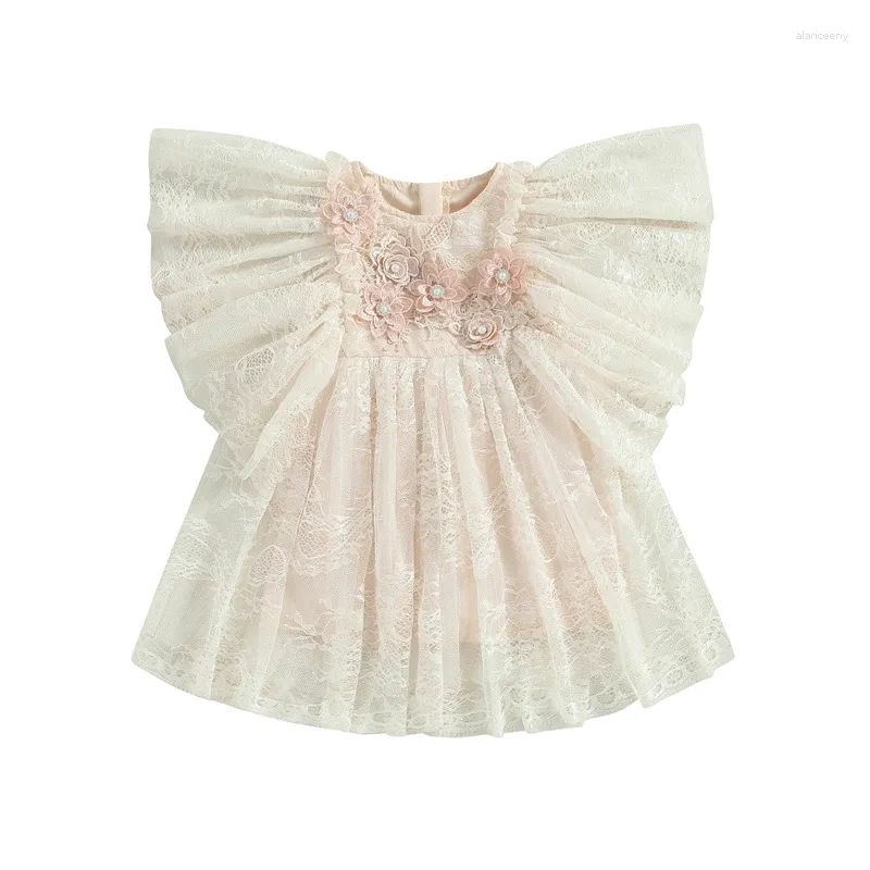 Robes d'été pour filles de 0 à 4 ans, tenue d'été à volants, manches volantes, fleurs 3D, dentelle brodée, maille, Tulle