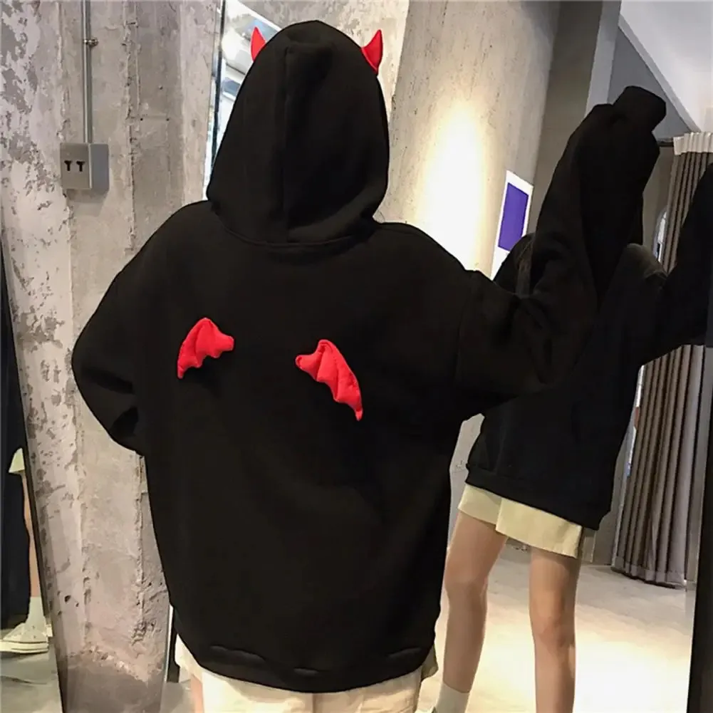 Girl Little Devil Horns Gothic Hooded Sweatshirt Lång ärm Löst fit Women Demon Fly Wings Hoodie Streetwear 240119