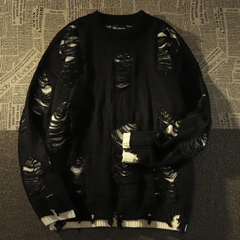 Swobodna dziura swetra fałszywa dwa swetry amerykańskie retro dla mężczyzn i kobiet Y2K Streetwear High Street Fashion punkowy styl luzu 240125