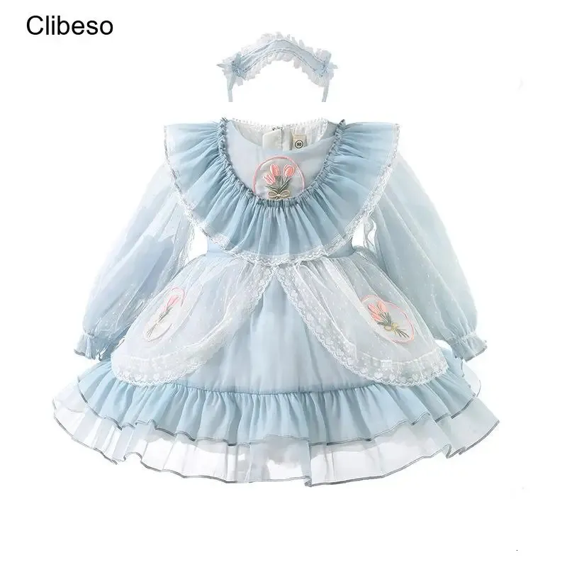 Baby Girl Princess Ruffle Dress with Headband Child Hiszpan Hiszpanie Vintage Lolita Party Costume Costiums Ubrania dla dzieci 28y Vestidos 240126