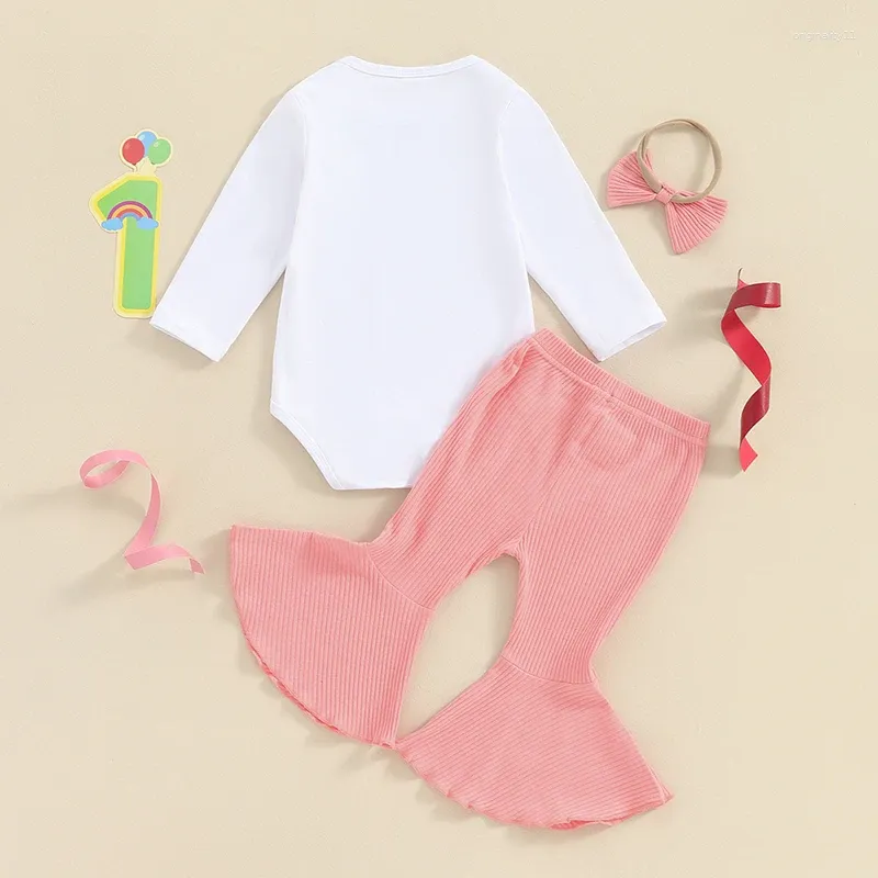 Conjuntos de roupas Bebê Meninas Primeiro Aniversário Outfit Manga Longa Um Floco De Neve Romper Ribbed Flare Pants Headband Born Spring Roupas