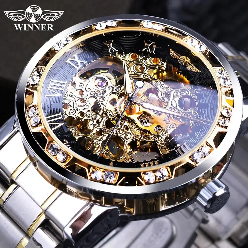 Zwycięzca Transparent Fashion Diamond Luminous Gear Ruch Royal Design Men Man Brand Luksusowy męski mechaniczny szkielet zegarek 240123