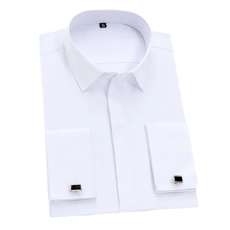 Мужская классическая однотонная классическая рубашка с французскими манжетами и планкой в деловом стиле с длинным рукавом и офисной работой, белые рубашки 240126