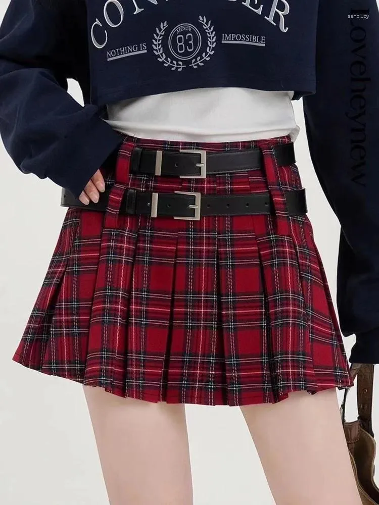 Röcke Mädchen Gothic Y2k Mini Rock Frauen Koreanische Mode Nette Kurze Weibliche Hohe Taille Doppel Gürtel Sexy Plaid 2024