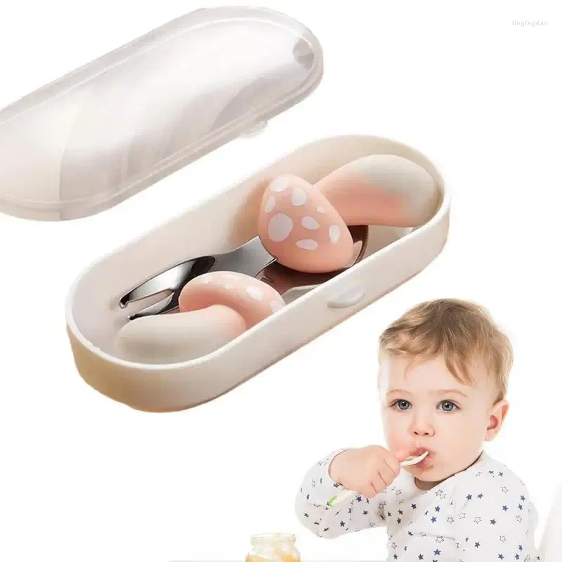 Ensembles de vaisselle Fourchettes et cuillères pour tout-petits 2 pièces ustensiles en acier inoxydable mignons ensemble de couverts pour enfants ensemble de cuillères portables - qualité voyage sûr