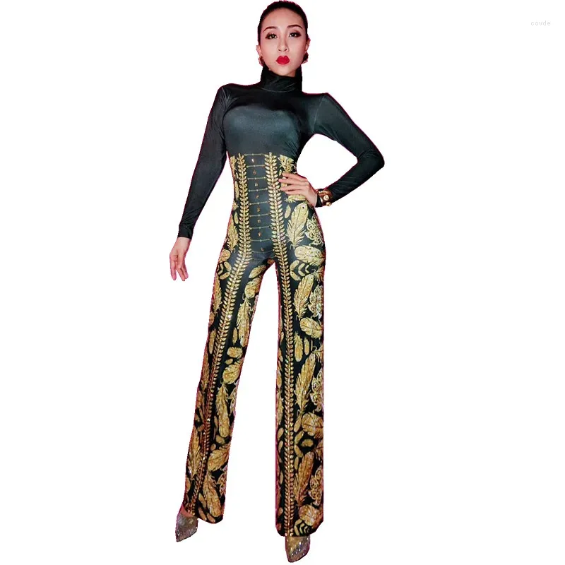 Scene Wear Gold Rhinestones Printing Flare Jumpsuit Women Evening Födelsedagsfirande Rompers Singer Performance Dance Costume