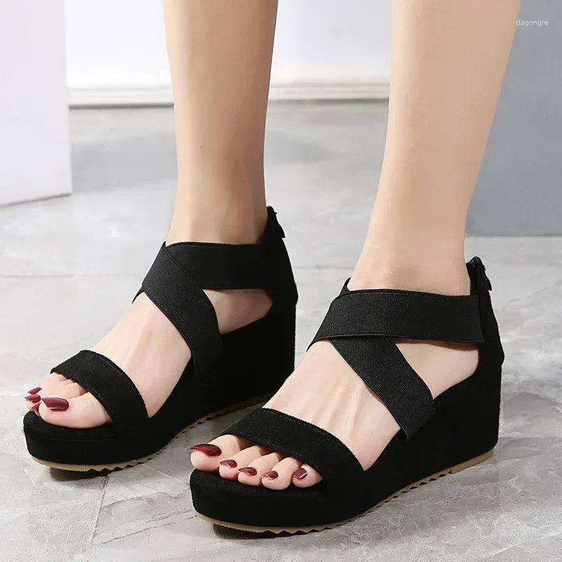 Sandals Summer Fashion Women's Wedge Cross Strap Platform Elastic Band Back Zipp Ladies Shoes Causal Black Rome Shoe Sandal