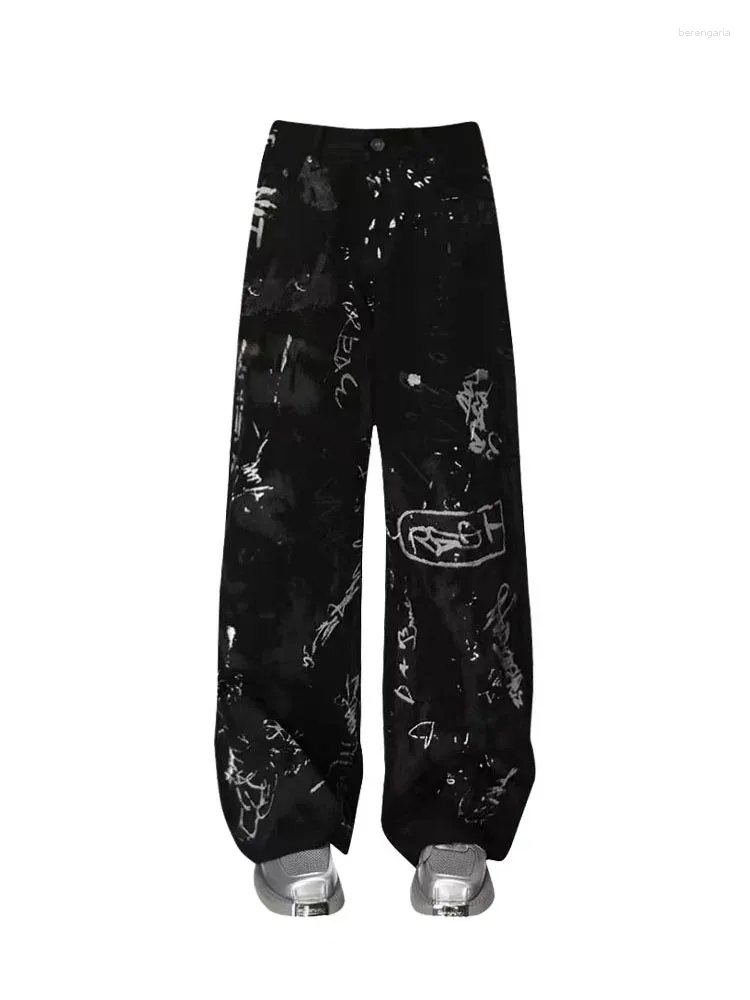 Women's Pants American Retro Baggy Washed Black Jeans Gyaru Fashion Wide Leg Graffiti Print High Waist Full Length Trousers Streetwear