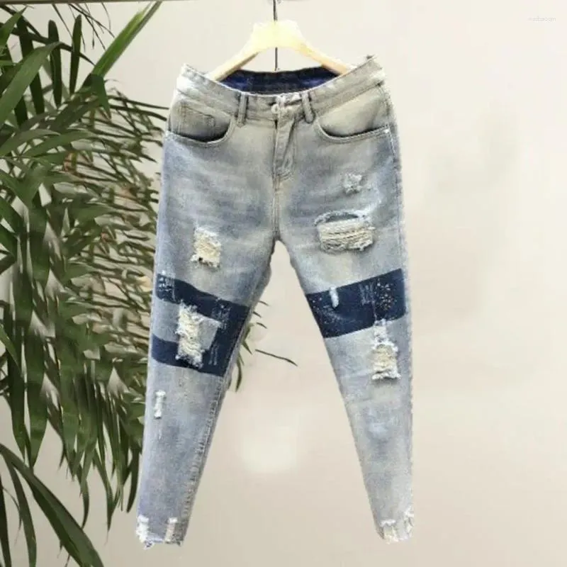 Herren Jeans Casual Skinny Bequeme Slim Destroyed Jean mit Löchern Small-footed Streetwear Männer Sommerkleidung