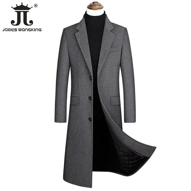 Autumn and Winter Boutique Woolen Black Grey Classic Solid Color Thick Warm Men's Long Wool Trench Coat Male Jacket 240124