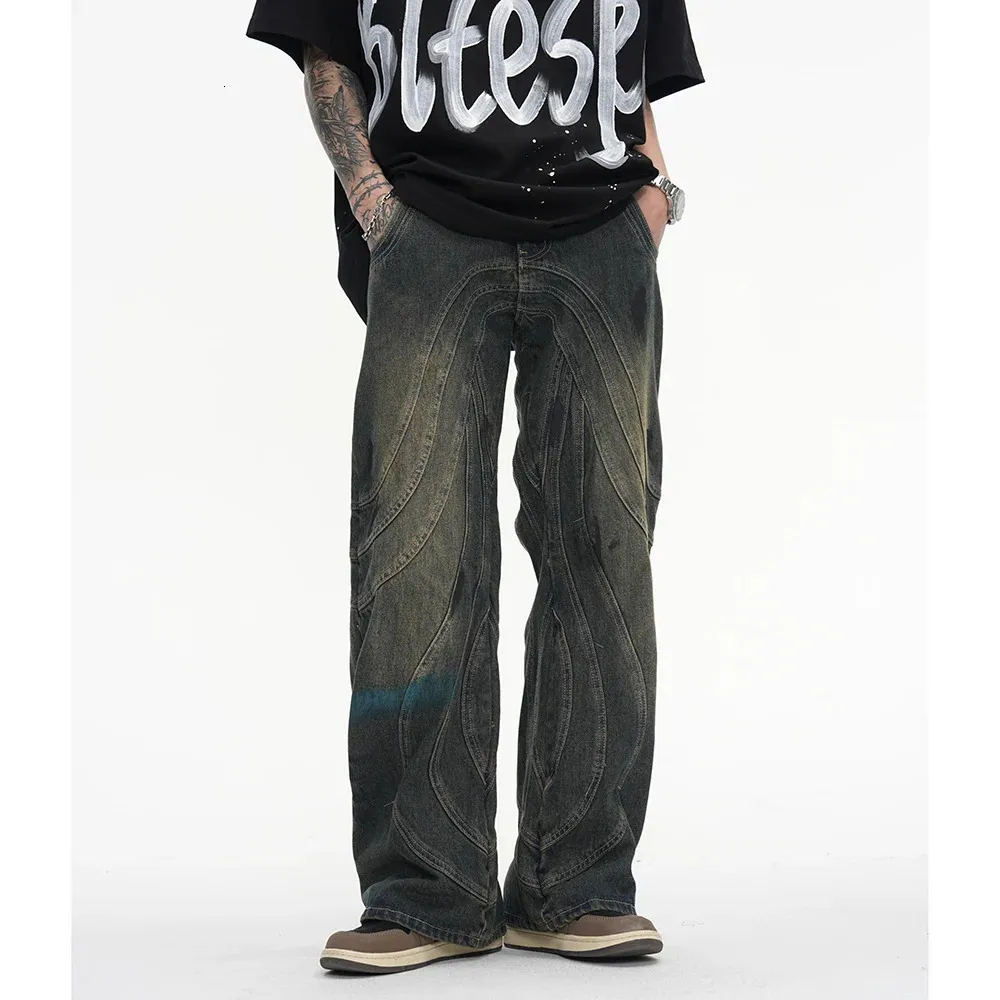 Vintage Y2K Painted Circled Striped Prosty Flare Pants Mens Harajuku Streetwear swobodne workowate dżinsy duże dżinsowe spodnie 240127