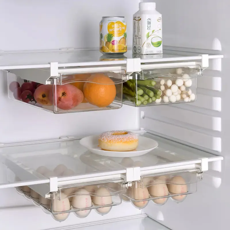 Kök frukt mat förvaring lådan plast klart kylskåp arrangör glid under hylla lådor lådor rackhållare kylskåp tillbehör 240125