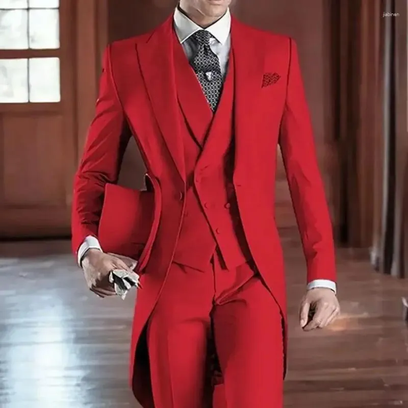 Costumes pour hommes rouge Slim Fit hommes trois pièces (veste pantalon gilet) ensemble mâle sur mesure fête marié mariage Costume Homme vêtements