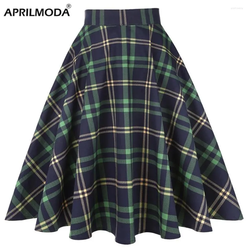 Jupes Plaid Imprimer Casual Tunique Courte Jupe Midi 2024 Taille Haute Bleu Vert Rayé Femmes Patineuse À Carreaux 50s 60s Vintage Faldas