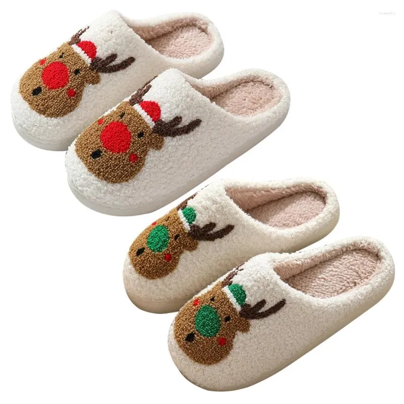 Pantoufles De Noël Cerf Chambre Pantoufle Anti Slip Femmes Hommes En Peluche Chaud Fuzzy Moelleux Pour Cadeau