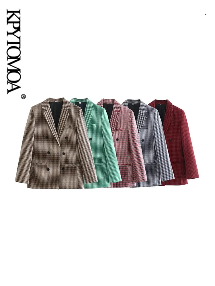 KPYTOMOA femmes mode tenue de bureau Double boutonnage carreaux Blazers manteau Vintage à manches longues poches vêtements de dessus pour femmes Chic hauts 240202