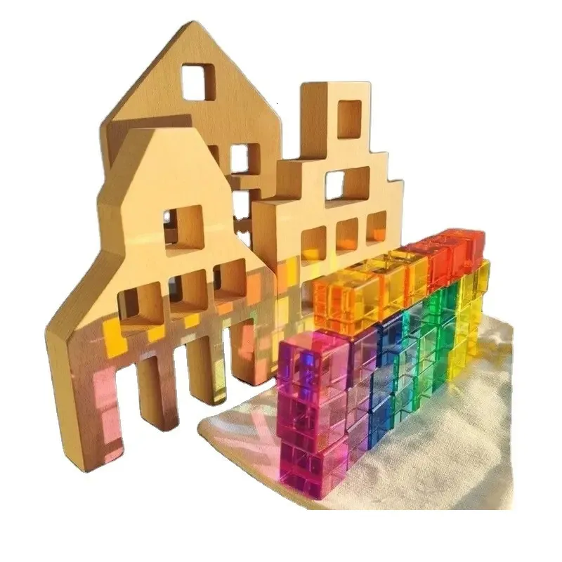 Kids Montessori Wooden Toys Large Dutch Wood House Big Wall Lucite Cube Creative Education Blocks Birthday Gift 240124