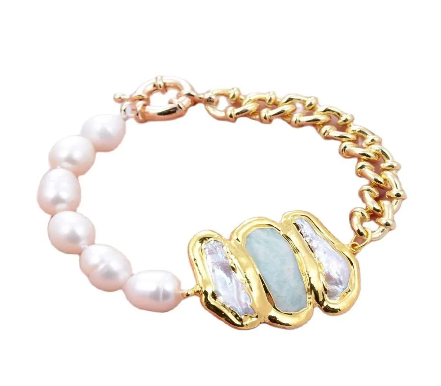 GuaiGuai Jewelry Natural Cultured White Rice Pearl Amazonite Biwa Pearl Chain Bracelet For Women Real Lady Fashion Jewellry2696307