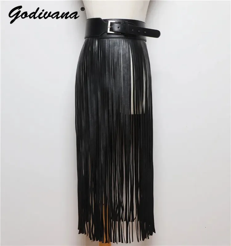 Street S Model Style Belt European American Fashion Extra Long Tassel Pasband Women Women SEAL Skórzowa spódnica Cummerbunds 240119