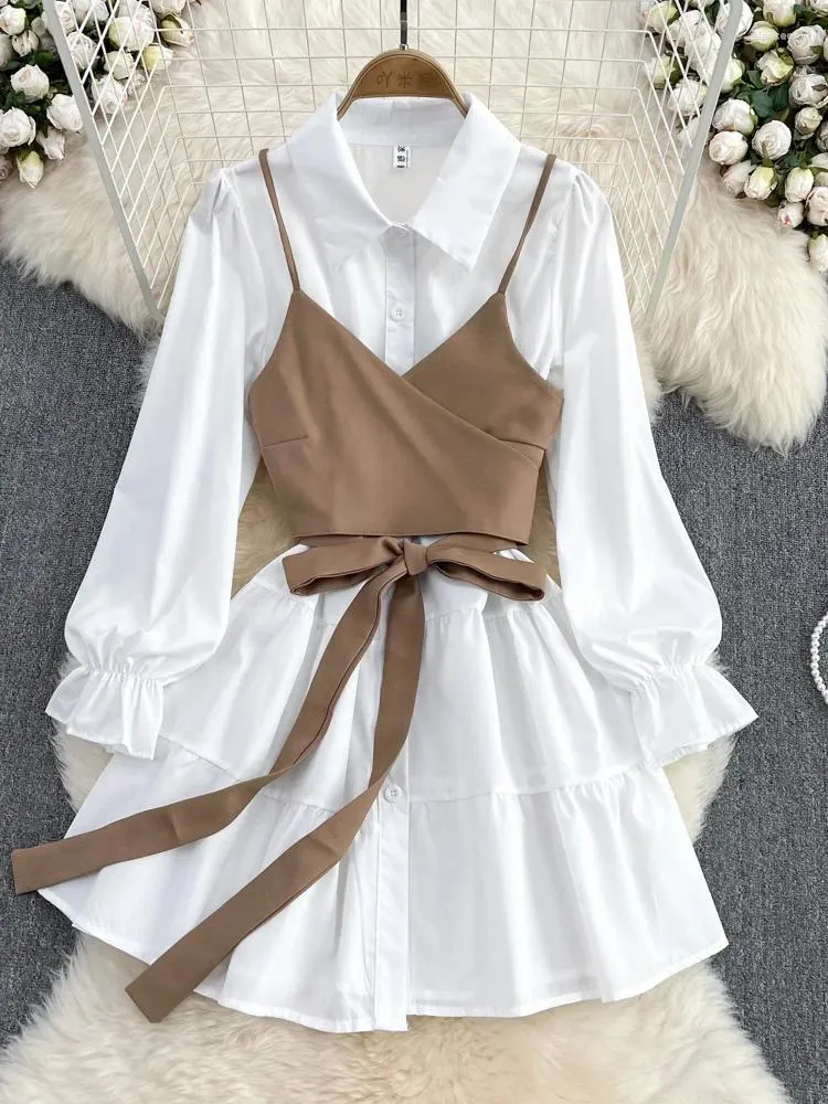 Casual Dresses Spring Autumn Fashion Suit Female Korean Loose White Shirt Dress Slim Vest Two-piece Set GD786