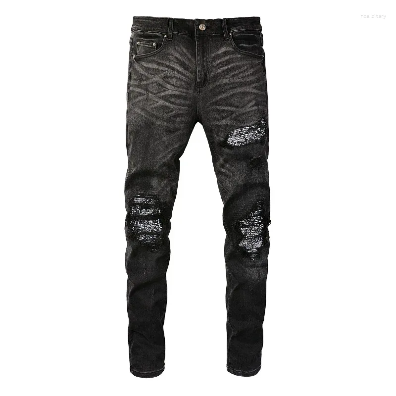 Jeans pour hommes noir en détresse trous détruits bandanna patchwork italien goutte à goutte coupe slim stretch déchiré