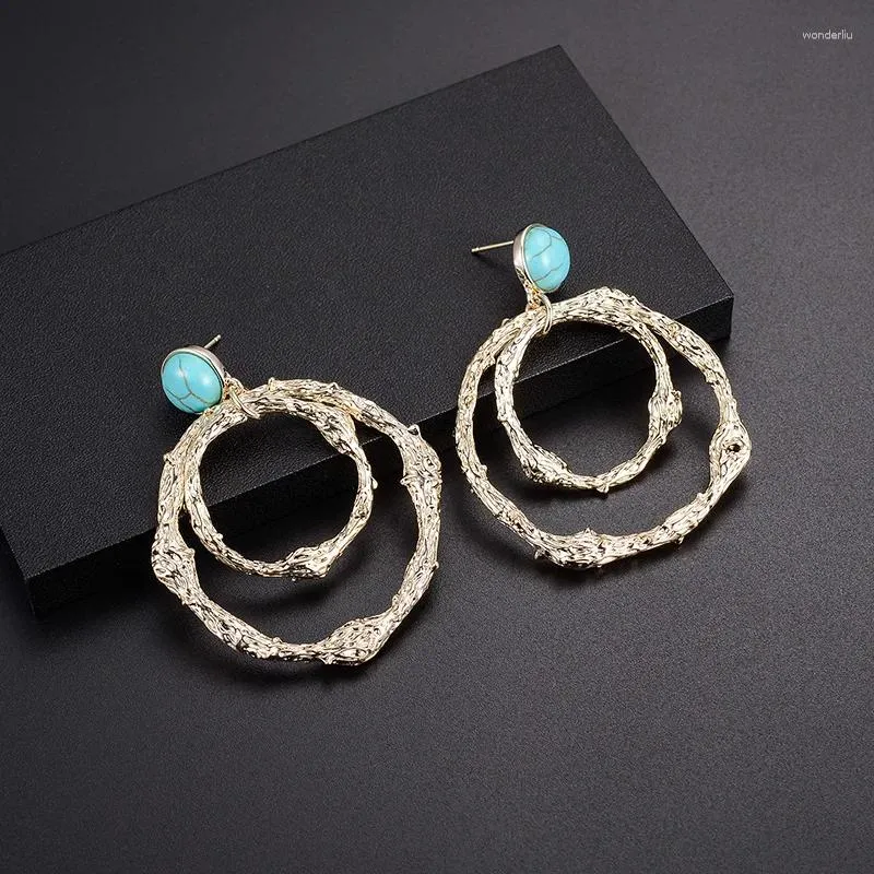 Shineland – boucles d'oreilles pendantes en pierre bleue inhabituelle pour femmes, pendentif Double rond irrégulier, bijoux Hyperbole, cadeau en gros