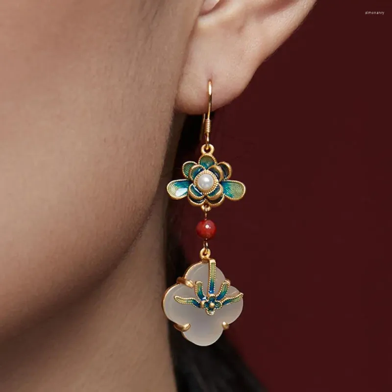 Dangle Earrings Hoyon Antional Gilt Miltship Oriental Classical Painted Enamel Lotus Tassels White Jade