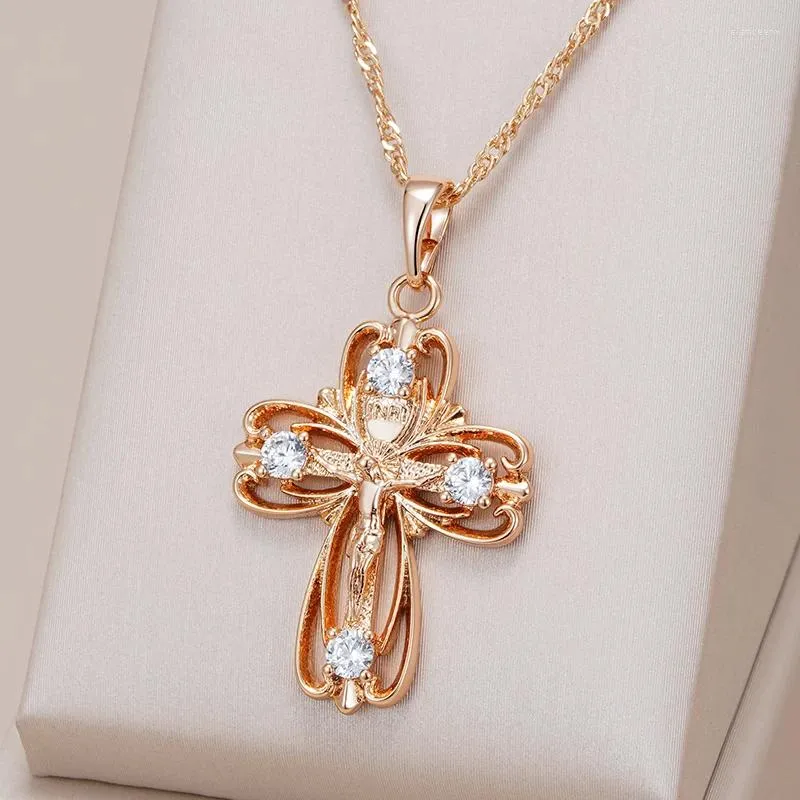 Pendentif Colliers Kinel 585 Or Rose Couleur Orthodoxe Église Croix Collier Pour Femmes Naturel Zircon Accessoires Crucifix Jésus Bijoux