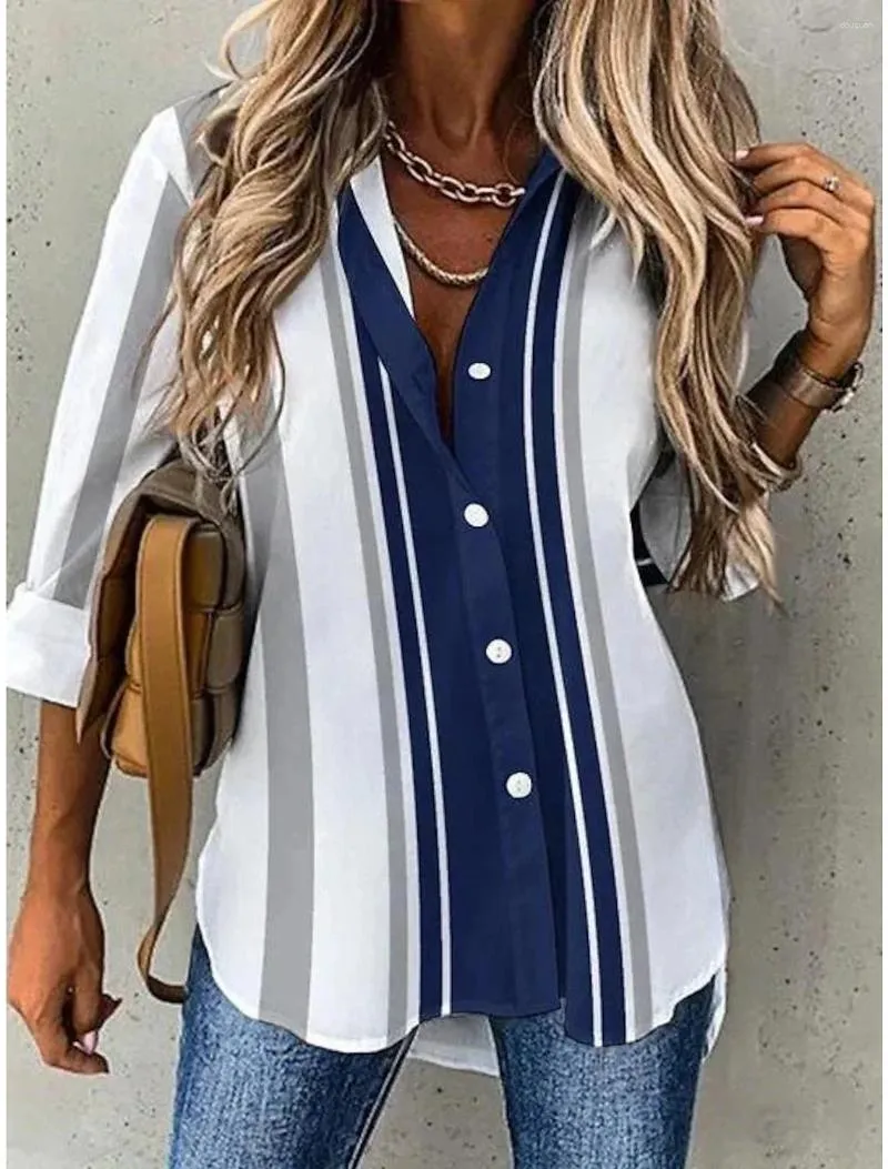 Blouses pour femmes Street Fashion Chemise à rayures bleues et blanches Femmes irrégulières à manches longues surdimensionnées Smock 2024 Spring Loose Plaid Top Tide