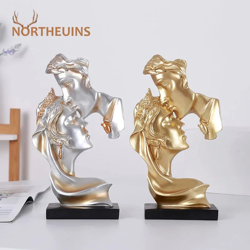 NORTHEUINS 26 cm Máscara de pareja de resina Figuras de amantes besándose Regalo creativo del día de San Valentín Estatua de arte de escritorio Objetos de decoración del hogar 240130