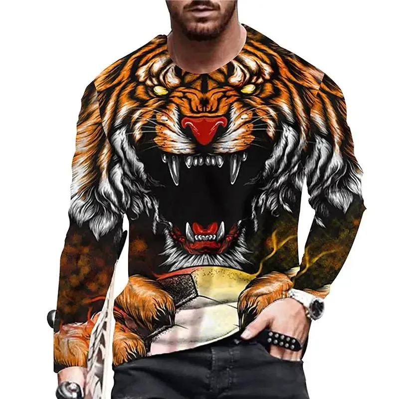 Vintage Tiger e Leone 3d Stampa Estate Uomo Oneck Tshirt Casual Manica lunga T Shirt oversize Moda Pullover Uomo Abbigliamento 240130