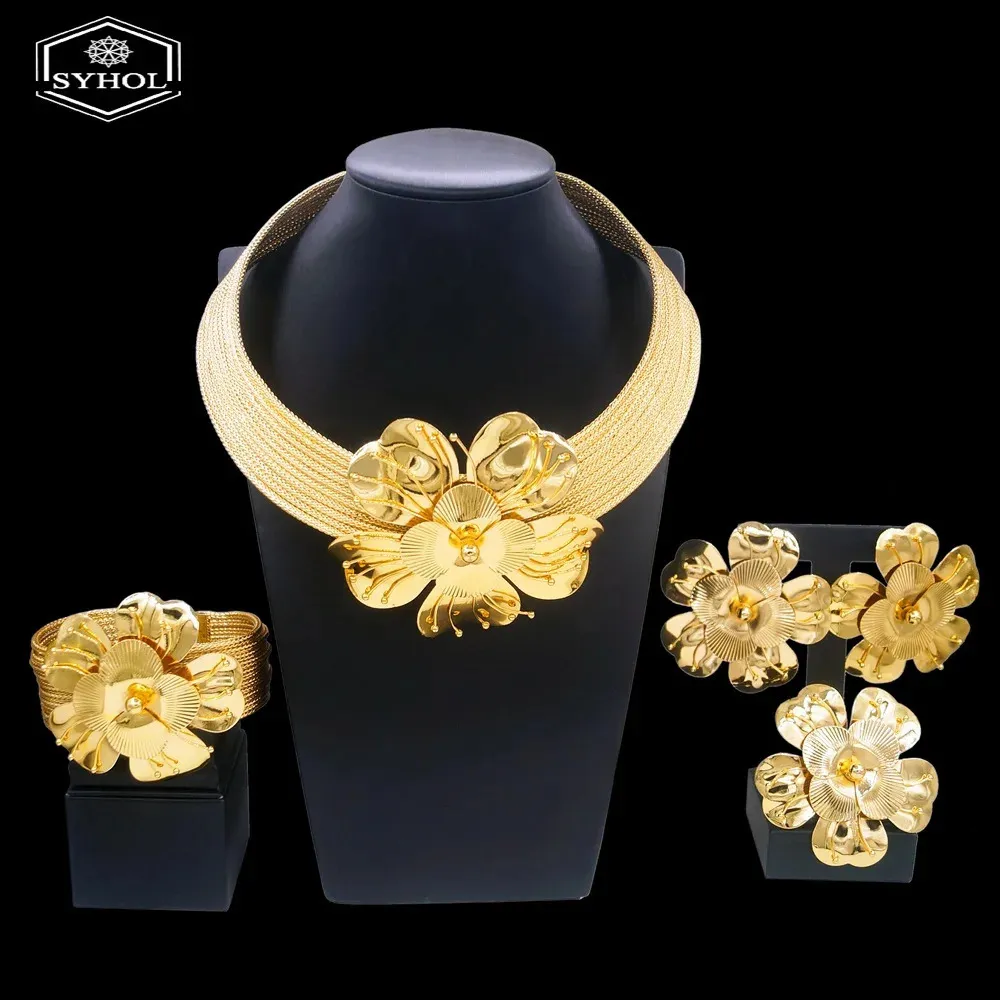Women Luxury Jewelry Set Gold Plated Big Flower Necklace Bracelet Fashion Earrings Full Party Wedding Bijoux SYHOL 240202