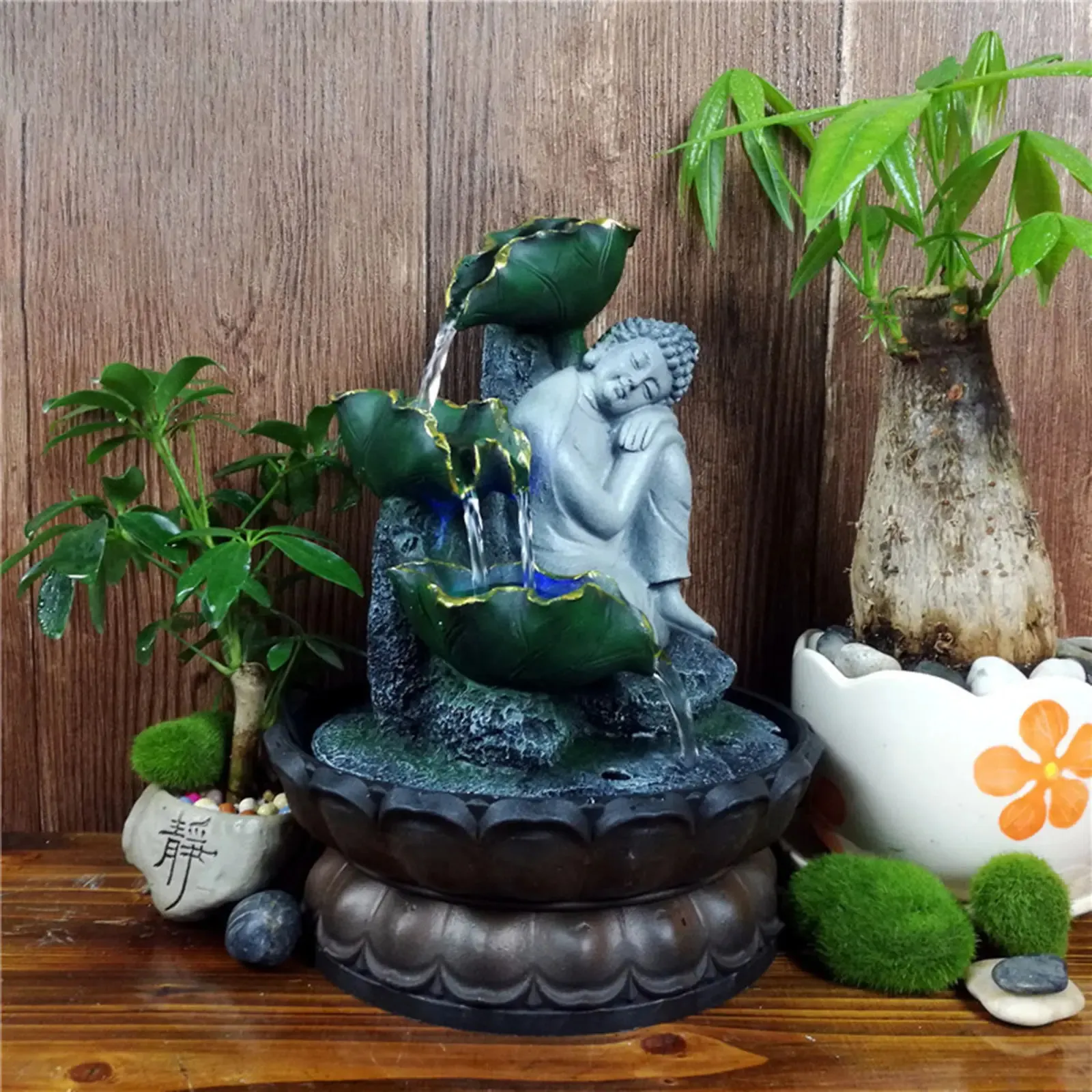 Buddha Tabletop Water Fountain Decoration Landscape Resin Feng Shui Sculpture Running Water with Light Water Feature for Desk