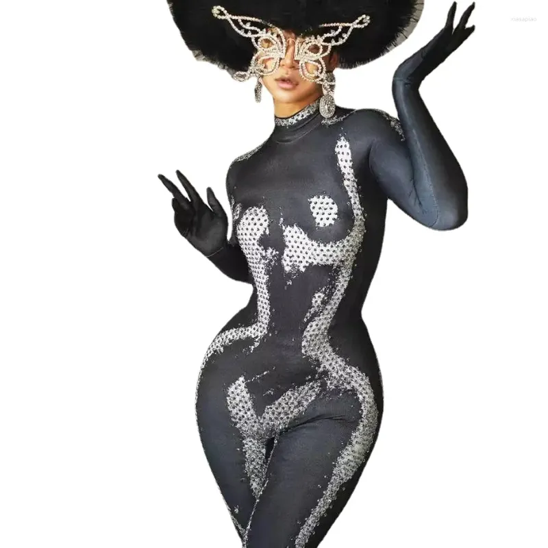 Stage Wear Sparkly Silver Rhinestones Black Jumpsuit Gloves Long Sleeve Women Sexy Club Party Outfit Singer Performance Costume