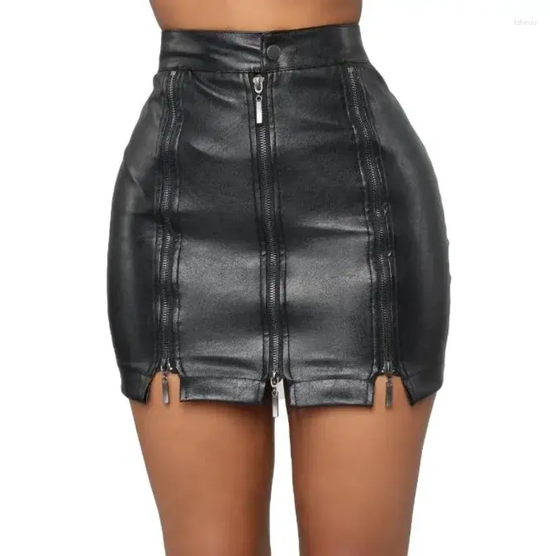 Spódnice zamek skórki mini spódnica seksowna wysoka talia Bodycon Summer Black Black Short Hip Streetwear
