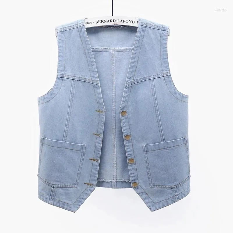 Gilets pour femmes Été mince Vintage bleu grande poche Denim gilet femmes gilet Cowboy sans manches veste manteau col en V mince jean court femme