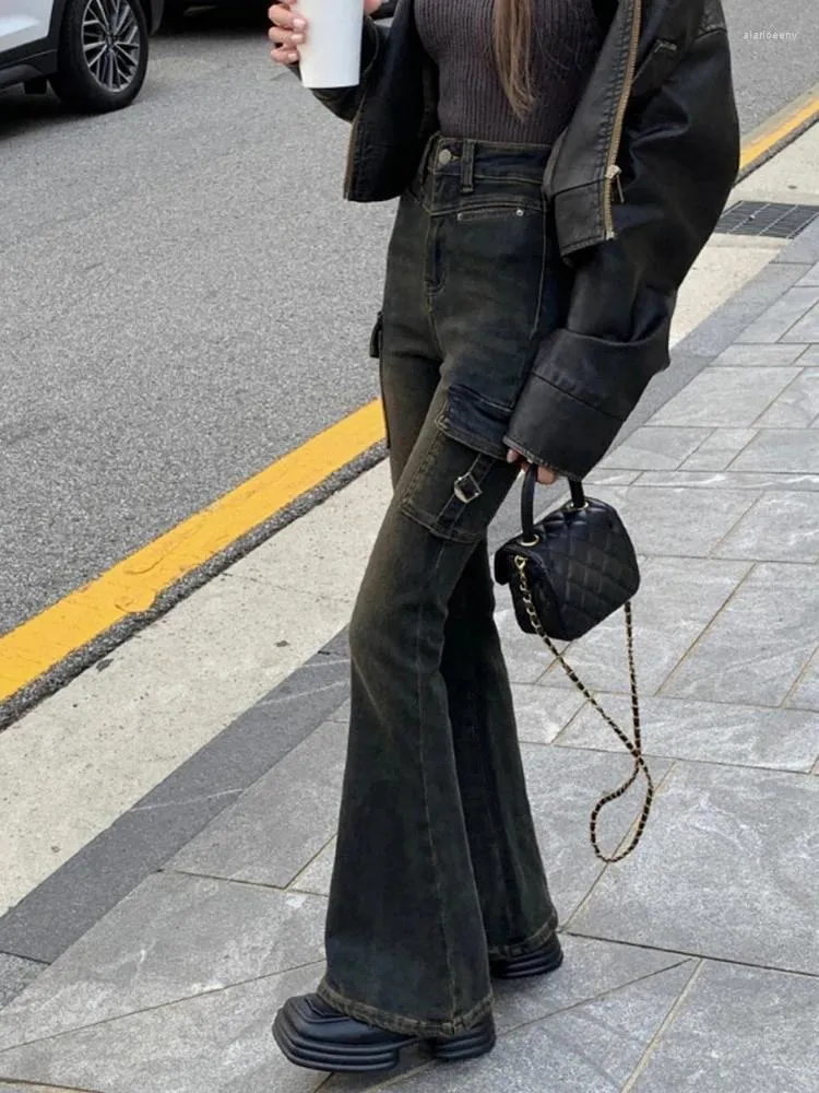 Womens Jeans Women Japanese Streetwear Low Rise Flare 2000s Aesthetic Y2k Black Denim Pants Bell Bottom Gyaru Harajuku Vintage