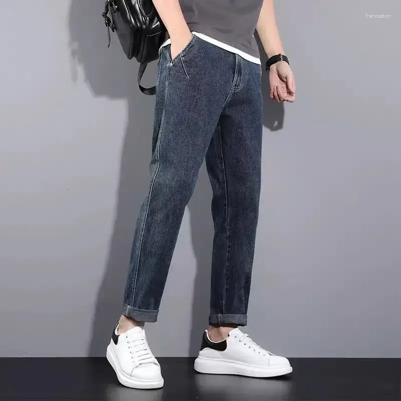 남자 청바지 남자 카우보이 바지 연한 파란색 자른 바지 테이퍼 자수 오리지널 고급 한국 패션 스타일리쉬 레트로 소프트 XS